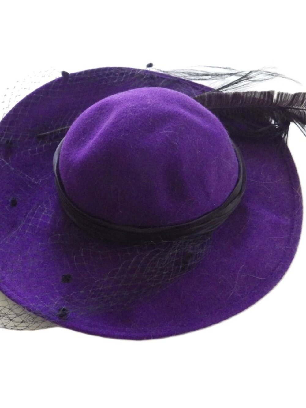 Vintage Georgi Purple Wool Felt Hat/ Wide Brim/ Veil